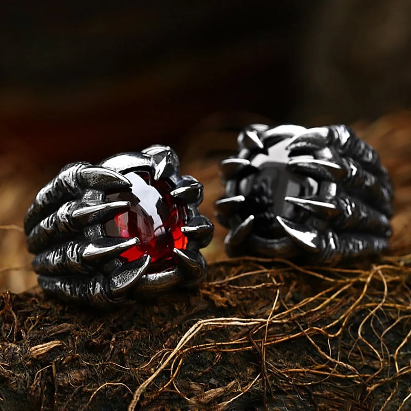 Vintage Dragon Claw sarkans/melns akmens nerūsējošā tērauda gredzens vīriešiem sievietēm pankroka dabīgā akmens gredzeni rotaslietu dāvanu vairumtirdzniecība
