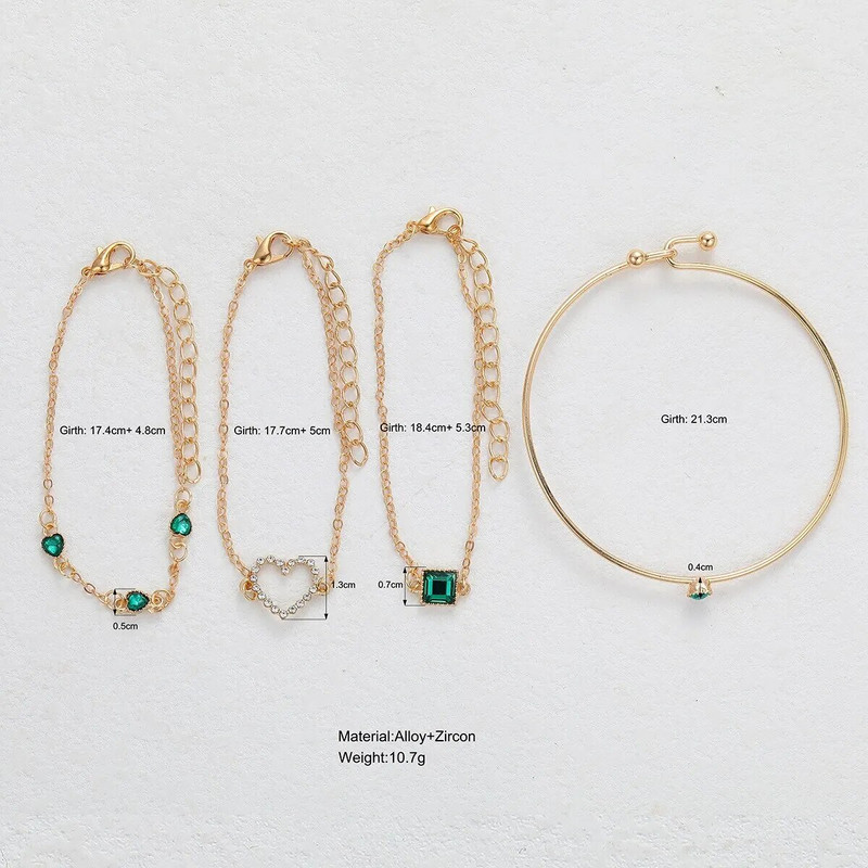 4db Wowen karkötő Temperament Smaragd szögletes vízfúró karkötő tele vízfúróval Love Heart karkötő készlet