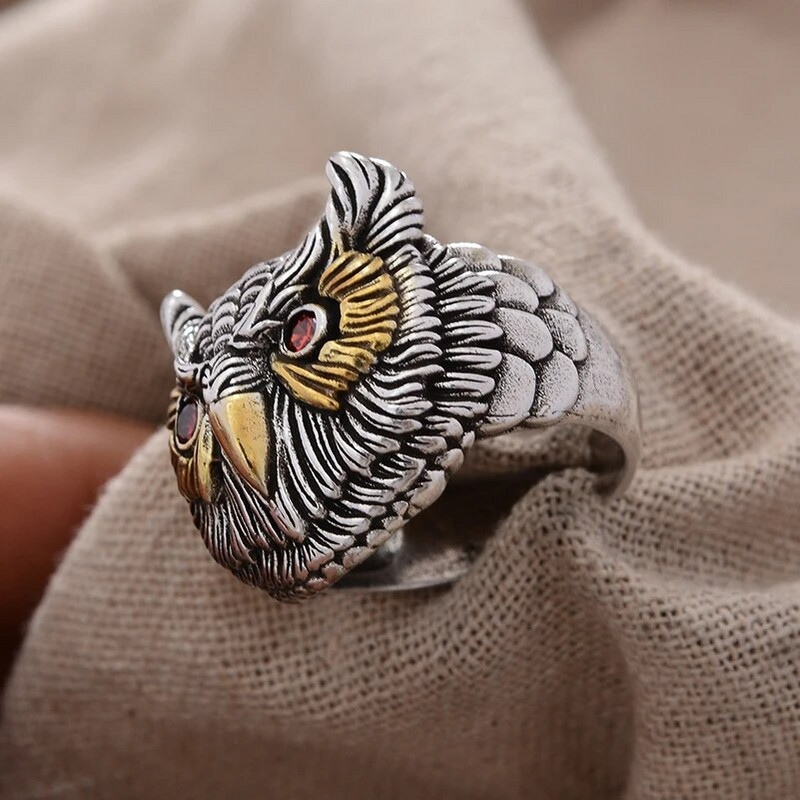 2023. aasta uus disain vana öökull loom punane kristallsilmad Tai hõbedane meessõrmus ehete hulgimüük odavad kingitused