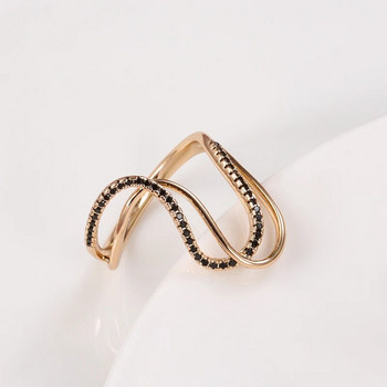 Преувеличен дизайн Пълен черен циркон Двойно усукващи дамски пръстени 585 цвят злато Готически бижута Парти Ежедневни необичайни аксесоари