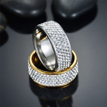 8 мм широки пет реда, пълни кристали, лъскави пръстени от неръждаема стомана, злато, сребро, цветен пръстен за жени, мъже, хип-хоп модни парти бижута