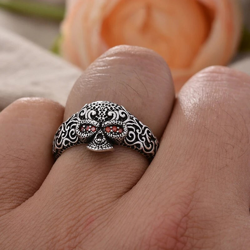 Reklaamehted Vintage nikerdatud lilledega luukere pea Tai hõbedased Unisex sõrmused odavad kingitused naistele mees