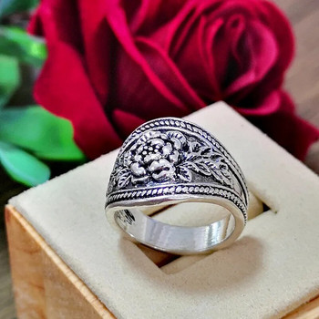 Модни ретро триизмерни рози Древни сребърни цветни пръстени Дамски сватбени празнични подаръци Релефни цветя Аксесоари за бижута
