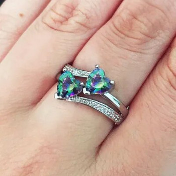 Нови стилни женски пръстени Сребърен брачен пръстен с кубични циркони във формата на двойно сърце за жени, момичета, хубав подарък за рожден ден