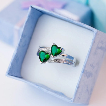 Νέα κομψά γυναικεία δαχτυλίδια επάργυρα διπλά κυβικά ζιργκόν σε σχήμα καρδιάς για γυναίκες κορίτσια Ωραίο δώρο γενεθλίων
