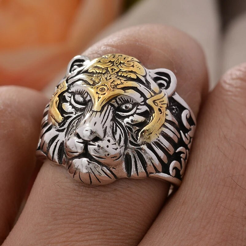 Cel mai bine vândut Bijuterii hip hop cu cap de tigru de epocă Inel punk pentru om de argint thailandez care nu se estompează Cadouri pentru petrecerea de aniversare