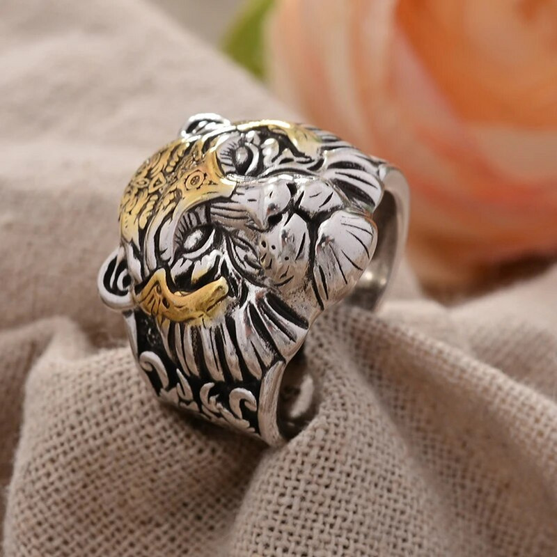 Cel mai bine vândut Bijuterii hip hop cu cap de tigru de epocă Inel punk pentru om de argint thailandez care nu se estompează Cadouri pentru petrecerea de aniversare
