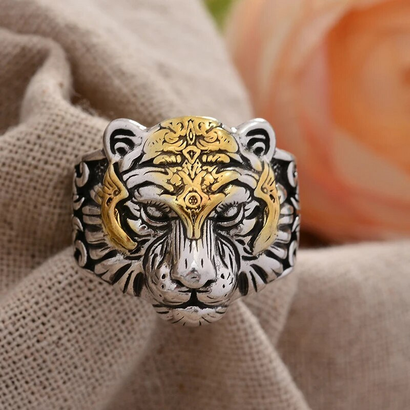 Cel mai bine vândut Bijuterii hip hop cu cap de tigru de epocă Inel punk pentru om de argint thailandez care nu se estompează Cadouri pentru petrecerea de aniversare