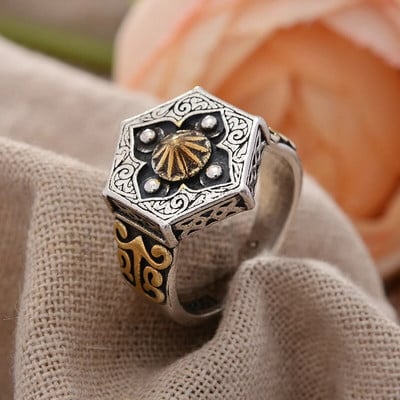 Нов дизайн Vintage Pentagon Flower Thai Silver Men Punk Rock Ring Promotion Party Gifts Never Fade