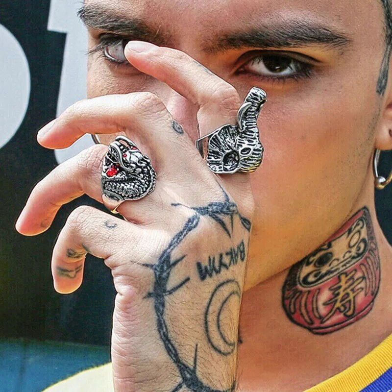 Retro zilonis liels gredzens vīriešiem Sudraba krāsa Street Punk Gothic Regulējams gredzens Roku darbs Rotaslietas Biker Aksesuāri Vīrieša dāvana