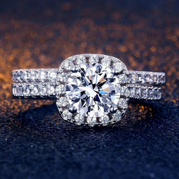 Класически дамски комплект сватбени пръстени Метален, сребърен цвят, бели цирконови камъни Комплект годежен пръстен за дамско парти, булчински бижута