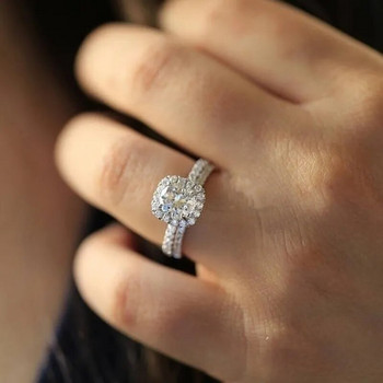 Класически дамски комплект сватбени пръстени Метален, сребърен цвят, бели цирконови камъни Комплект годежен пръстен за дамско парти, булчински бижута