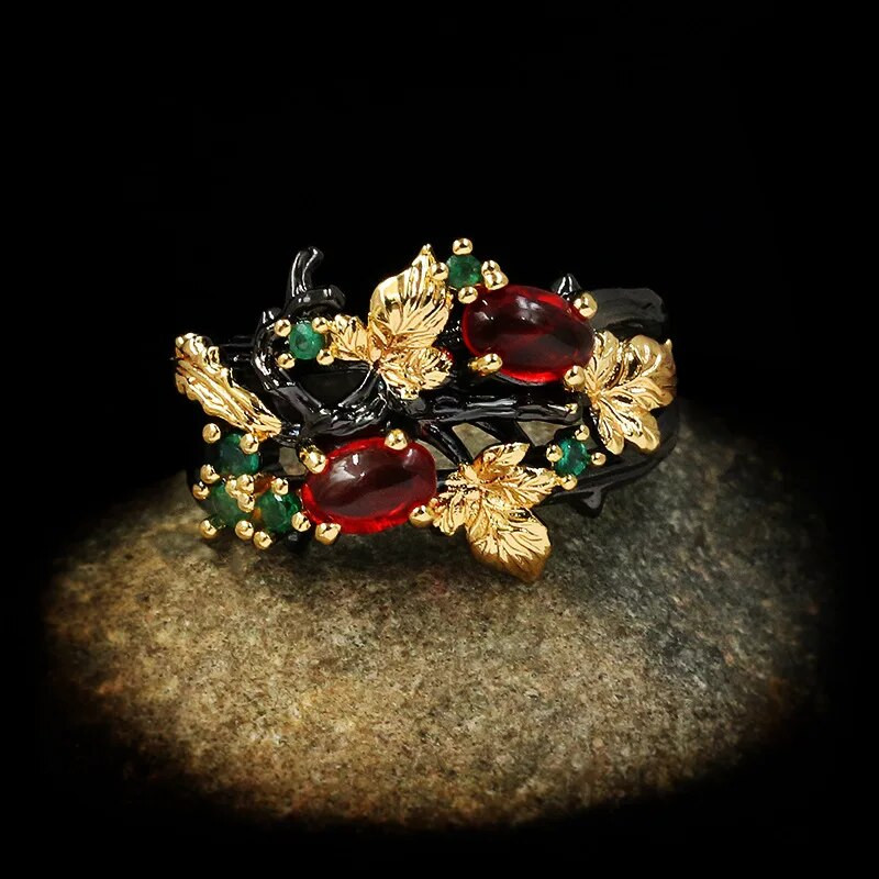 Új Exquisite levél virág színű cirkon női gyűrű ékszer fekete arany kétszínű piros cirkon gyűrű női gyűrű