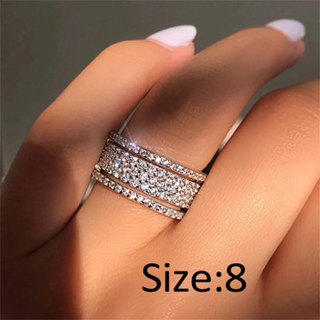Κομψό ασημί χρώμα Κρυστάλλινο δαχτυλίδι με φαρδιά δαχτυλίδια αγάπης για γυναίκες Αρραβώνας Γάμου Πλήρες δαχτυλίδια ζιργκόν Δώρα κοσμήματα