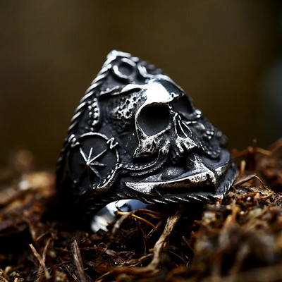 Винтидж пръстен с череп от неръждаема стомана Viking Anchor Compass за мъже, жени Biker Октопод Пръстени за брада Амулет Бижута Подаръци на едро