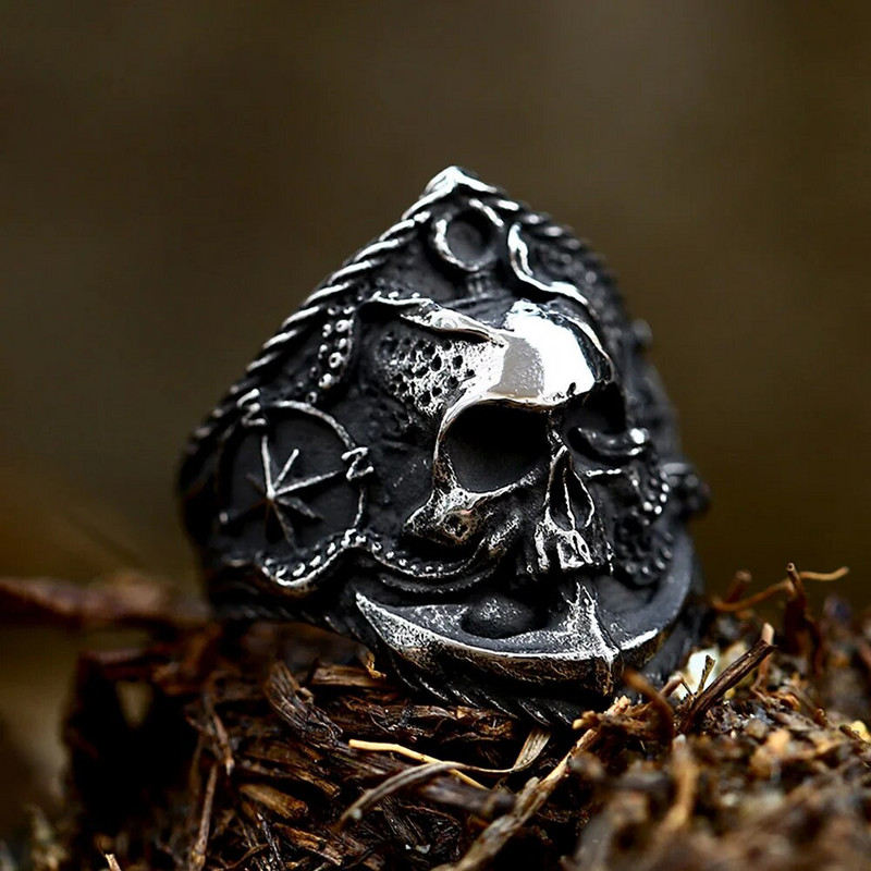 Vintage κρανίο από ανοξείδωτο ατσάλι δαχτυλίδι πυξίδας άγκυρας Βίκινγκ για άνδρες Γυναίκες ποδηλάτης δαχτυλίδια γένια χταπόδι Φυλαχτό κοσμήματα Δώρα Χονδρική