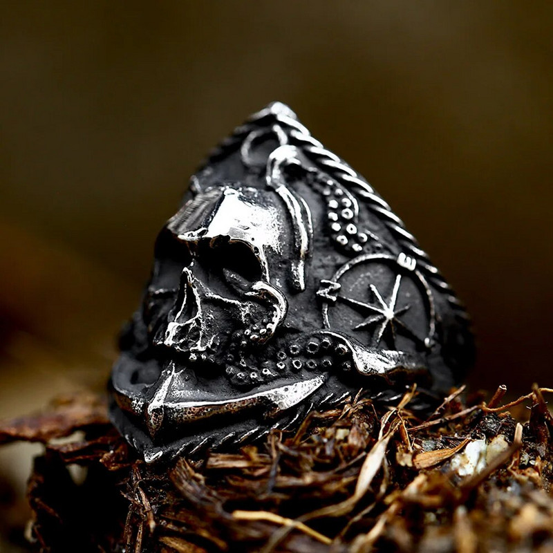 Vintage κρανίο από ανοξείδωτο ατσάλι δαχτυλίδι πυξίδας άγκυρας Βίκινγκ για άνδρες Γυναίκες ποδηλάτης δαχτυλίδια γένια χταπόδι Φυλαχτό κοσμήματα Δώρα Χονδρική