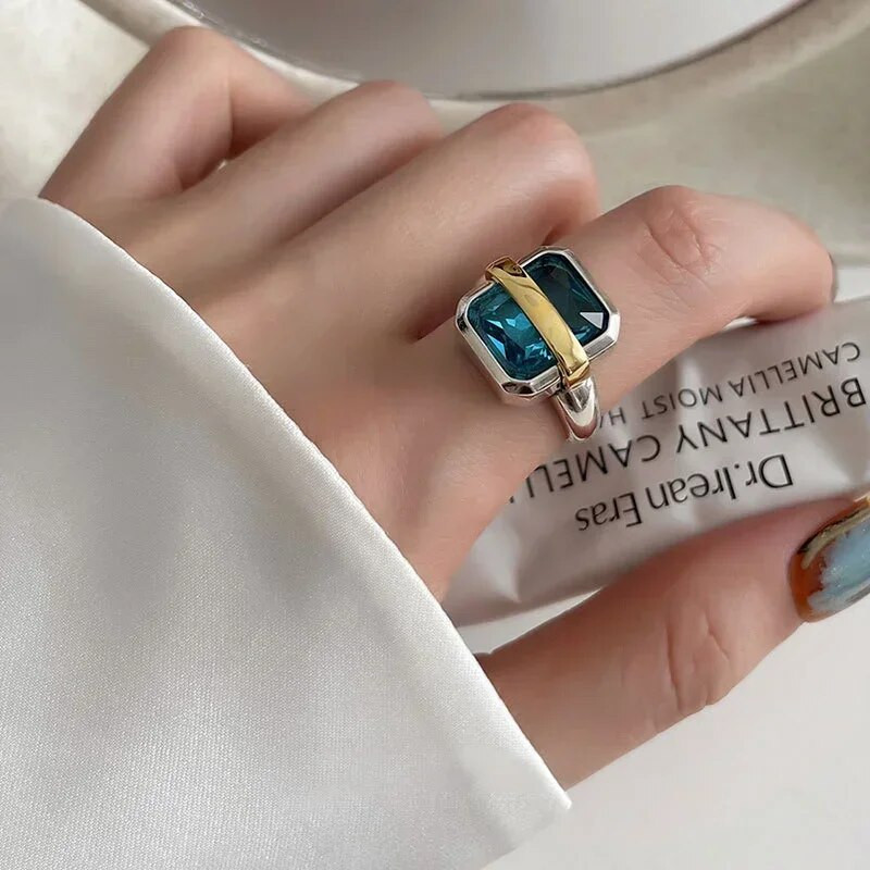 Vintage zila cirkona saderināšanās gredzeni sievietēm liels kvadrāts regulējami gredzeni pāri ar rokām darināti ģeometriski ballīšu rotaslietas dāvanas