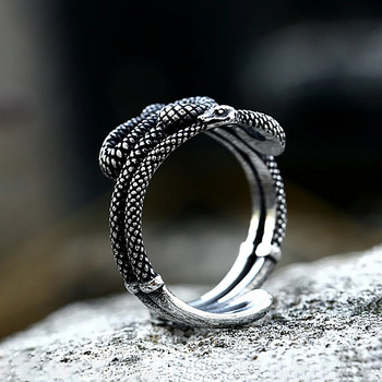 Ретро пръстен със змия от неръждаема стомана за мъже, жени, пънк велосипедист, регулируеми отварящи се пръстени с животни, модни бижута на викингите, подарък на едро