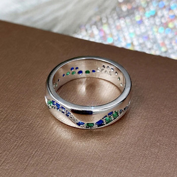 Huitan Πλακόστρωτα Πράσινα/Μπλε δαχτυλίδια CZ για γυναίκες Υψηλής ποιότητας ασημί χρώμα Κομψό γυναικείο δαχτυλίδι μοντέρνα κοσμήματα Drop Ship