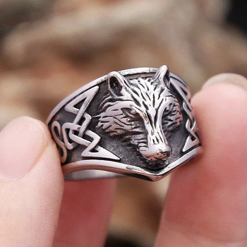 Винтидж пръстен с глава на вълк от неръждаема стомана за мъже, жени, пънк модни викингски пръстени с келтски възли Biker Amulet Бижута Подаръци на едро