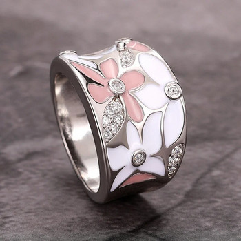 Huitan естетичен емайлиран пръстен с цвете за пръсти за жени Сватбено парти Нов пръстен от 2023 г. Сребърен цвят Луксозни бижута с кубичен цирконий Подарък
