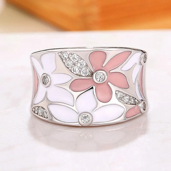 Huitan естетичен емайлиран пръстен с цвете за пръсти за жени Сватбено парти Нов пръстен от 2023 г. Сребърен цвят Луксозни бижута с кубичен цирконий Подарък