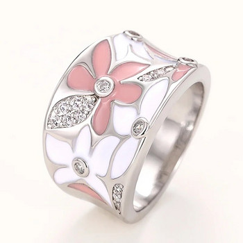 Δαχτυλίδι δάχτυλων από λουλούδι Huitan Αισθητικής σμάλτου για Γυναικεία Γαμήλια Πάρτυ Νέο Δαχτυλίδι 2023 Ασημί Χρώμα Πολυτελές Δώρο κοσμήματα κυβικά ζιργκόν