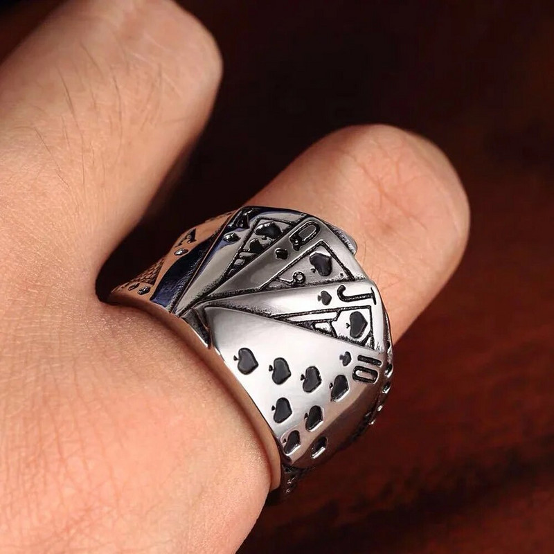 Lucky Poker Flush Ring Meeste Naised Kulla/Hõbeda värvi roostevabast terasest Punk Biker Ring Hip Hop Mängukaardi Ring Mustkunstniku Ehted