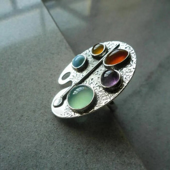 Δημιουργική Γεωμετρία Ασημί Χρώμα Μεταλλικό Οβάλ Ένθετο Χρωματιστές Πέτρες Γυναικεία Δαχτυλίδια Vintage Ρυθμιζόμενο Δαχτυλίδι με μοτίβο για πάρτι