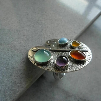 Δημιουργική Γεωμετρία Ασημί Χρώμα Μεταλλικό Οβάλ Ένθετο Χρωματιστές Πέτρες Γυναικεία Δαχτυλίδια Vintage Ρυθμιζόμενο Δαχτυλίδι με μοτίβο για πάρτι