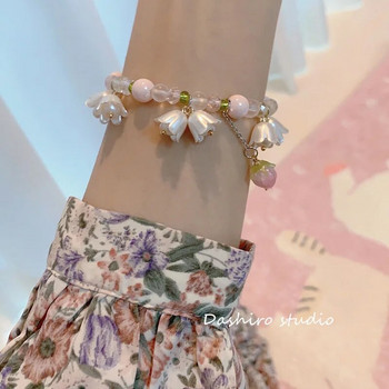 Нов дизайн Сладка ретро перлена лилия цвете гривна за жени Корейски сладък пискюл Розова праскова висулка Гривна Естетични бижута