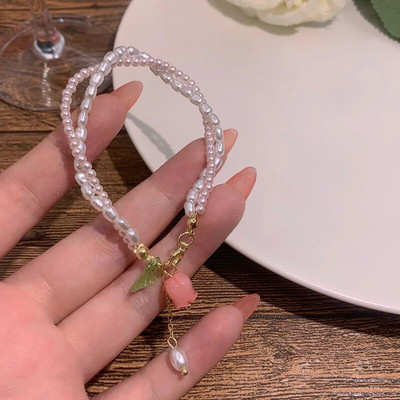 Jauna dizaina saldo vintage pērļu lilijas ziedu rokassprādze sievietēm korejiešu jaukā pušķīte rozā persiku kulonu rokassprādze Estētiskas rotaslietas