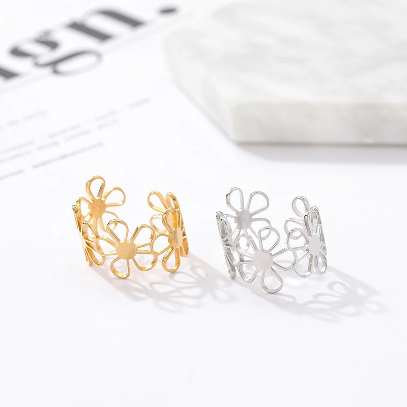 Roostevabast terasest sõrmus Vanad karikakrad Lilled Avatud mood Naistele Paar reguleeritavad sõrmused naistele Ehted Esteetilised tüdrukute kingitused