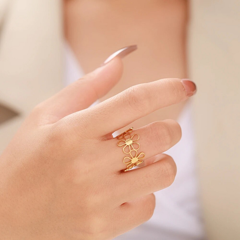 Roostevabast terasest sõrmus Vanad karikakrad Lilled Avatud mood Naistele Paar reguleeritavad sõrmused naistele Ehted Esteetilised tüdrukute kingitused