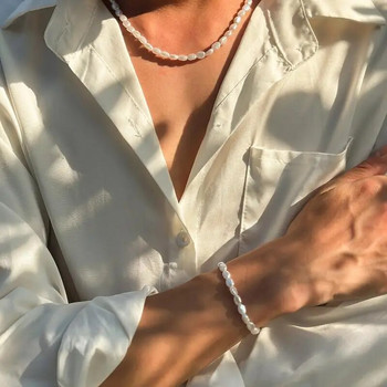 Нова мода Овална имитация на перлена верига Гривна Колие Мъже Жени Ръчно изработена класическа верига Мъниста Гривна за мъже Комплект бижута