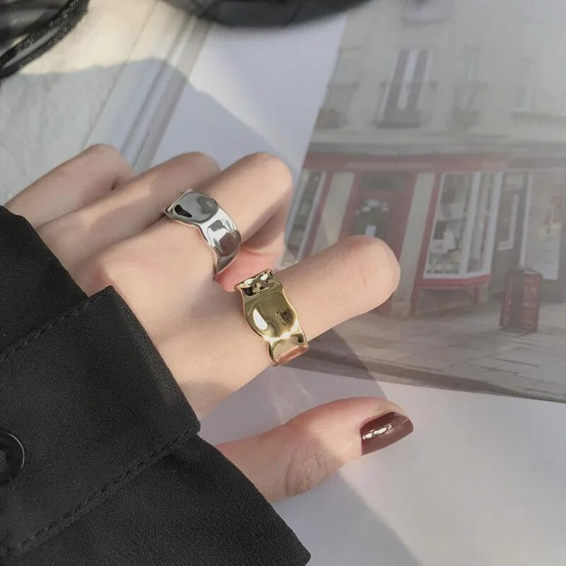 Yerik Сребърен цвят Неправилен ръчно изработен пръстен за жени Мъже Творчески геометрични широки Anillos Бижута Подаръци Размер 16,5 мм Регулируем