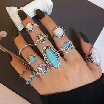 IPARAM Комплект от 39 части Бохемски метални пръстени за жени Мъже Винтидж сребърен цвят перо корона пръстен Модни бижута на едро