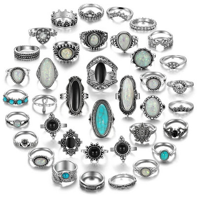 IPARAM Комплект от 39 части Бохемски метални пръстени за жени Мъже Винтидж сребърен цвят перо корона пръстен Модни бижута на едро