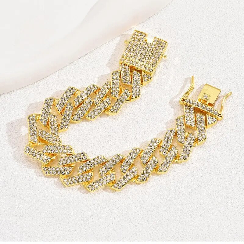 Hip hop Miami Link Chain Χρυσό βραχιόλι Clear Crystal Stone που διπλώνει πάνω από το κλείσιμο Βραχιόλι μεγάλη αλυσίδα για άνδρες Αξεσουάρ Προσωπικότητας