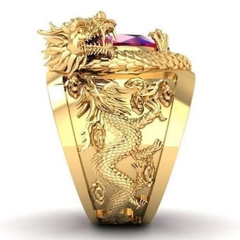 Huitan Луксозен златен цвят Драконов модел Мъжки пръстени Инкрустиран голям овален червен камък Благороден пръстен за сватбено тържество Мъжки модни бижута