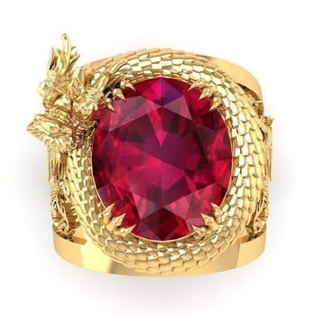 Huitan Луксозен златен цвят Драконов модел Мъжки пръстени Инкрустиран голям овален червен камък Благороден пръстен за сватбено тържество Мъжки модни бижута