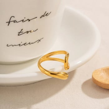 Uworld Неръждаема стомана Геометрични кухи многослойни широки пръстени с метална текстура Водоустойчиви ежедневни прости стилни златни бижута за жени