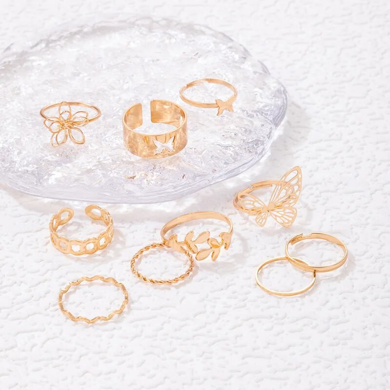 Naujas paprastas 10 vnt gėlių drugelio lapų geometrinis susuktų tuščiavidurių žiedų rinkinys, skirtas moteriškam žavesiui vakarėliui, vestuvinių papuošalų dovana