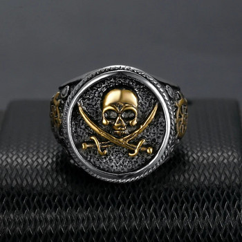 Vintage ανδρικό Pirate Signet Δαχτυλίδι κρανίο με διπλό μαχαίρι Χρυσό/ασημί χρώμα από ανοξείδωτο ατσάλι Πυξίδα Goth Punk Ring Drop Shipping