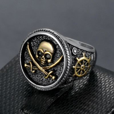 Винтидж мъжки пиратски печат с двоен нож пръстен с череп Златен/сребърен цвят Компас от неръждаема стомана Гот пънк пръстен Drop Доставка