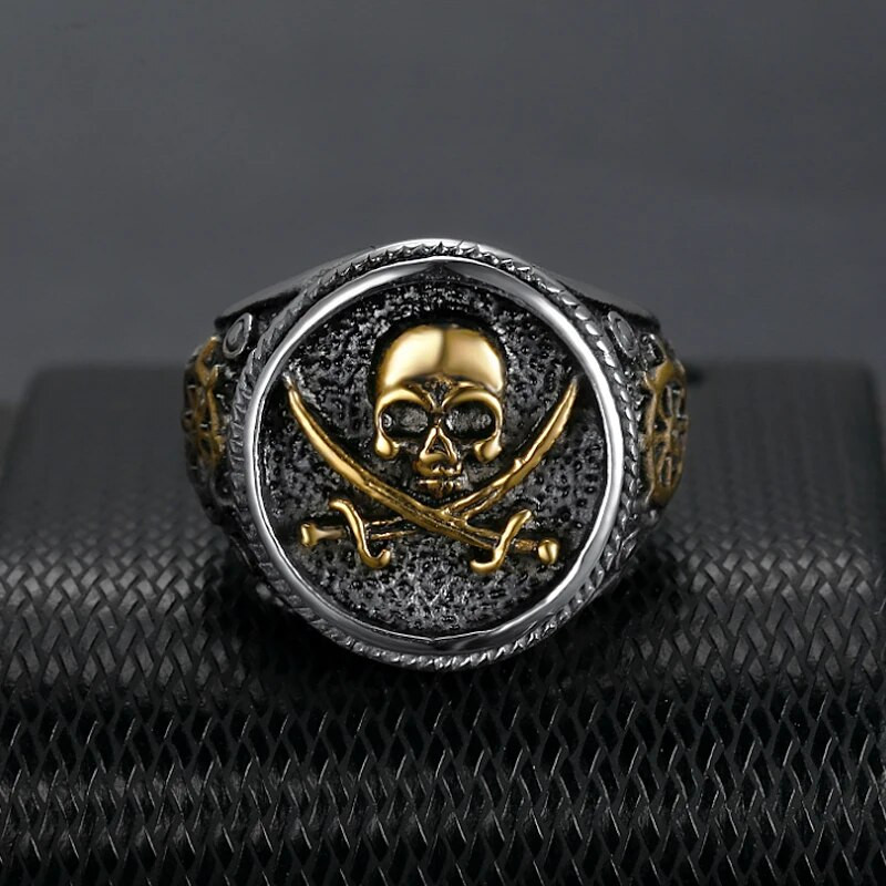 Vintage meeste piraadimärgiga topeltnoaga pealuu sõrmus kuldse/hõbedase värviga roostevabast terasest kompass gooti punksõrmus Drop Shipping