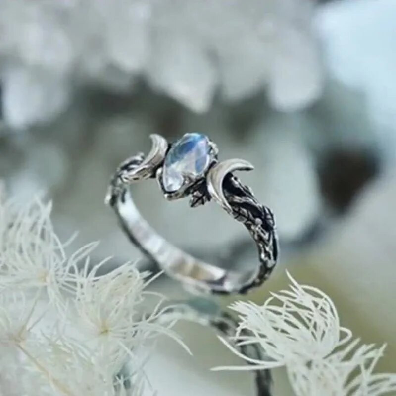 Θιβετιανό ασημί Double Moon Tension Mount Gemstone Δαχτυλίδι Γεωμετρικά δαχτυλίδια σχεδίασης Moonlight Κοσμήματα Δαχτυλίδια μόδας για γυναίκες Δώρο