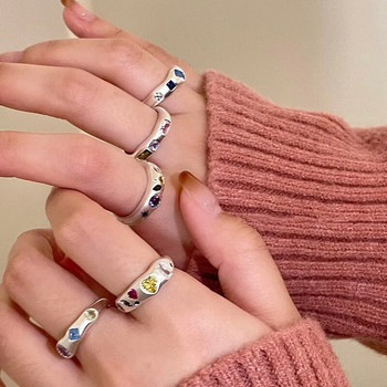 Цветни метални пръстени с циркон за жени Неправилен матов пръстен Ретро личност Показалец пръст Бижута Хип-хоп Момичета Аксесоари Подарък