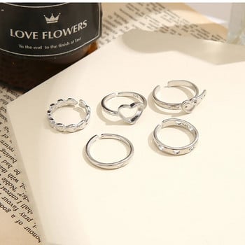 Нов моден комплект пръстени с кухи сърца 5PCS Елегантен винтидж регулируем дамски пръст за момичета Сладък любовен бижу Подарък за сватбено парти